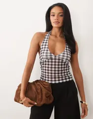 エイソス レディース トップス シャツ ギンガムチェック メッシュ シアー ギンガム ホルター ASOS DESIGN sheer meshalterneck top gingham ブラックのサムネイル