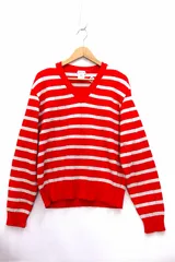 【231607】DRIES VAN NOTEN ドリス ヴァンノッテン  Vネック コットンニット セーター ボーダー メンズ  L レッドのサムネイル