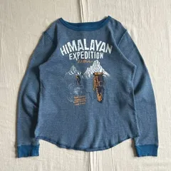 00s　archive　OLD GAP　オールドギャップ　細ボーダー柄　ヒマラヤ山脈ロゴプリント　ロングスリーブ　ワッフル　サーマルTシャツ　ブルー×グレー　160　XS～S相当　Y2K　アメカジ　グランジ　Himalaya stripes thermal-Tのサムネイル