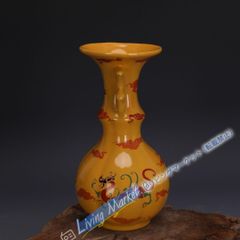 清時代 乾隆年製 郎世宁珐 琅彩筒瓶 黄色釉 磁器 豚絵柄 花瓶 時代物