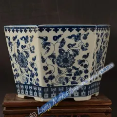 景徳鎮 青花纏枝紋六方植木鉢 陶磁器 盆栽鉢 工芸品 置物 中国 景徳鎮 青花纏枝紋六方植木鉢 陶磁器 盆栽鉢 工芸品 置物