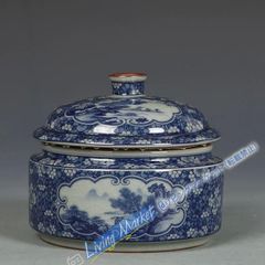 青花氷梅山水紋茶缶蓋缶 景徳鎮 陶磁器 装飾品 現代工芸品美術品 置物 CZW728P430