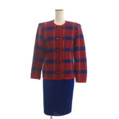 イヴサンローラン YVES SAINT LAURENT セットアップ ニットジャケット ノーカラー スカート ひざ丈 チェック ウール 赤 レッド 青 ブルー Mのサムネイル