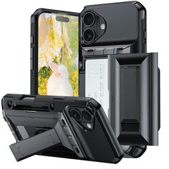 [Brand New] Shockproof iPhone 16 Case with 3-4 Card Slots Stand Functional Lens Protection, Drop Prevention, TPU + PC Dual Layer Construction, Black, 1