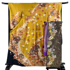 【美品】 振袖 身丈164cm 裄丈66cm M 袷 袋帯フルセット 雪輪 枝垂れ桜 金糸 金彩 山吹色 正絹 秀品 【中古】のサムネイル