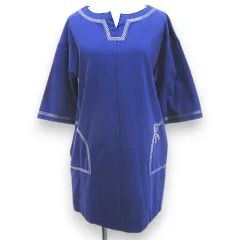 ロベルタディカメリーノ Roberta di Camerino 七分袖 チュニック 9/M 青系 ブルー スリットネック 刺繍 ステッチのサムネイル
