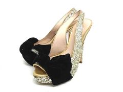 miumiu Mew Mew Glitter Velour Ribbon Heel Open-Toe Pumps, Size 34 (approx. 21cm), Silver, DL9273
