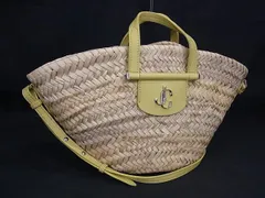 ■極美品■ JIMMY CHOO ジミーチュウ ヴァレンヌ ラフィア×レザー 2WAY トートバッグ ショルダー ベージュ系×イエロー系 FM1301のサムネイル