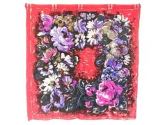 ■美品■ emanuel ungaro ウンガロ シルク100% 総柄 スカーフ ストール レディース レッド系×マルチカラー DD4807のサムネイル