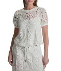 ダナキャラン レディース トップス Tシャツ クルーネック DKNY by Donna Karan Coordinating Crochet Leaf Crew Neck Short Sleeve Tのサムネイル