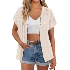 セオリア レディース アウター ニット・セーター プラスサイズ カーディガン Seoria Womens Plusize Cardiganshort Sleeve Crochet Knit Sweatのサムネイル