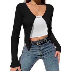 セオリア レディース アウター ニット・セーター リブニット カーディガン Seoria Womens Crop Topen Front Long Sleeve Rib Knit Shrug Sweaのサムネイル