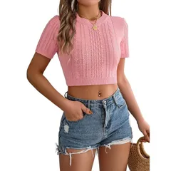 セオリア レディース トップス Tシャツ リブニット スリムフィット クルーネックロップド ニット Seoria Womens Crop Topshort Sleeve Cropped Rib Kniのサムネイル