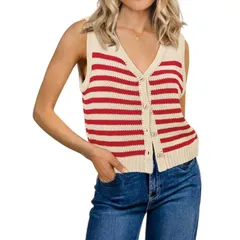 セオリア レディース アウター ニット・セーター ボタンダウン ベスト シャツ ダウン Seoria Women Knit Vestopstriped Sweaters Button Down Shiのサムネイル