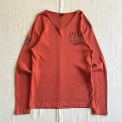 希少　archive　AVIREX　アヴィレックス　リブ編みコットン生地　ロングスリーブTシャツ　Vネックカットソー　両面ミリタリーロゴ　U.S.N　袖プリント　XL　大きいサイズ　オレンジ　Y2K　グランジ　パンキッシュ　rib cotton l/s teeのサムネイル