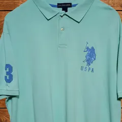-古着 U.S. POLO ASSN. ユーエスポロアッスン 半袖 ポロシャツ 3XL 超ビッグサイズ ミントグリーン 緑系 ビッグポニー刺繍ロゴ ナンバリングワッペン 鹿の子 アメカジ メンズ 4L 5L 相当のサムネイル