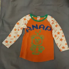 M1-04277【Baby】ANAPKids(アナップキッズ) 長袖 ラグランTシャツ 女の子 (90) / オレンジ×白×緑×青 内側、後ろ裾付近白い汚れ・タグ切り有 両袖・両袖口汚れ有 全体的に毛羽立ち有 HT-春秋のサムネイル