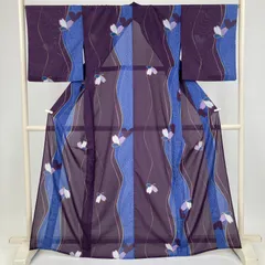 たんす屋 TANSU-YA 着物 リユース着物 夏小紋 紫 カジュアル 縦絽 波線 花 夏 ポリエステル 未洗い 【身丈】161cm【裄丈】68.5cm MS8905のサムネイル