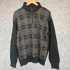 【日本製 ウール100%】 GrandSlam MUNSINGWEAR マンシングウェア ハーフジップ ニット セーター LL XLサイズ チャコールグレー チェック柄 ペンギン刺繍 デサント ゴルフウェア メンズのサムネイル