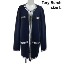 ◆ トリーバーチ Tory Burch ニットカーディガン ジャケット 長袖 フロントフック スパンコール装飾 ネイビー 毛 L 11号 レディース S6I300のサムネイル