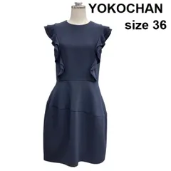 □ ヨーコチャン YOKOCHAN ワッフルフリルワンピース クルーネック ノースリーブ 膝丈 コクーンシルエット 紺 36 S 7号 レディース Z6C595のサムネイル