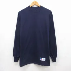 L/古着 ラッセル 長袖 ビンテージ Tシャツ メンズ 90年代 90s 無地 コットン モックネック ハイネック USA製 ネイビー【spe】 26jul17のサムネイル