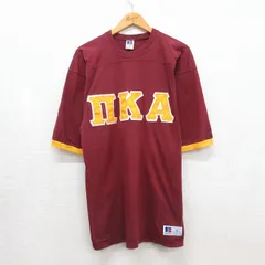 L/古着 ラッセル 半袖 ビンテージ フットボール Tシャツ メンズ 90年代 90s ギリシャ文字 ロング丈 コットン クルーネック USA製 バーガンディ【spe】 26jul17のサムネイル