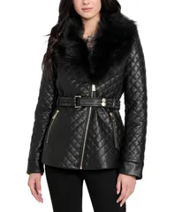 ゲス レディース アウター ジャケット・ブルゾン キルティング レザー ジャケット GUESS Womens Quilted FauxFurCollar FauxLeather Jacket Blacのサムネイル