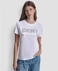 【送料無料】 ダナキャランニューヨーク レディース Tシャツ トップス Womens Crew Neck Stacked Rhinestone TShirt Whitesilver Silverのサムネイル