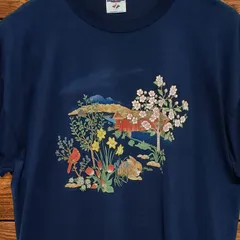 古着 90s JERZEES ジャージーズ Endless Designs エンドレスデザイン うさぎ 鳥 ボタニカル アニマル アートプリント Tシャツ 紺 ネイビー ヴィンテージオールド ビッグサイズ オーバーサイズ メンズ 2XL相当のサムネイル