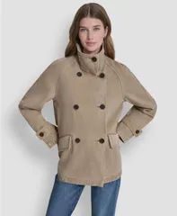 ダナ キャラン ニューヨーク レディース アウター コート A ライン デニム DKNY Womens Denim Double Breasted ALine Coat Khaki カーキのサムネイル