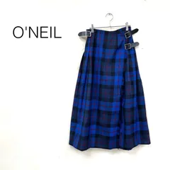 O'NEIL オニールオブダブリン ウールラップロングスカート 巻きスカート フリンジ プリーツ サイドレザーベルト チェック size38 ブルー 牛革 毛のサムネイル