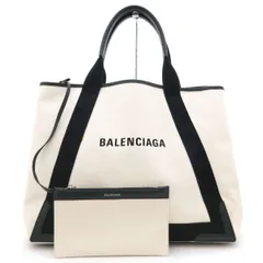 【 美品 】BALENCIAGA バレンシアガ トートバッグ NAVY CABAS ネイビーカバス M ポーチ付 339936 ホワイト ブラック キャンバス レザー メンズ レディース 大容量 A4対応 通勤 通学のサムネイル