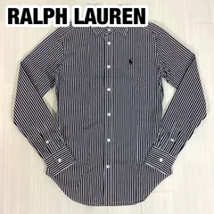 【美品】 RALPH LAUREN ラルフローレン 刺繍ポニー ストライプ 長袖シャツ ブラウス サイズO ブラック× ホワイト モノトーンカラー 着丈65.5cm 肩幅36cm 身幅(脇下)42cm 袖丈59cm S〜M相当【古着】のサムネイル