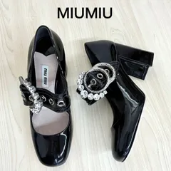 【ミュウミュウ MIU MIU】エナメルビジューパンプス ミュール ヒール 36.5 ブラック×ライトピンク×シルバー ⭐︎のサムネイル