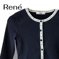 Rene レディース 長袖 ニット カーディガン ネイビー 紺 ホワイト 白 美品 34 S バイカラー パイピング 花柄 刺繍 リブニット 日本製 ルネ ストレッチ トップス 00001503BCのサムネイル