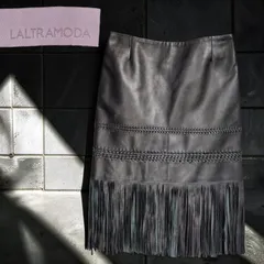 00s LALTRAMODA Y2K Archive リアルレザースカート フリンジ 編み込み 本革 膝丈 ボトムス ミニイタリア製 ユーロ古着 LALTRAMODA Leather Fringe Skirt Blackのサムネイル
