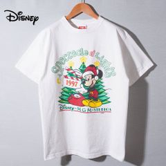 90s USA製 1997年製 ディズニー Disney ミッキー Tシャツ M ホワイト ヴィンテージ Vintage クリスマス ラメ入り 赤タグ後期 キャラT アニメT アメカジ ストリート 古着 c3016
