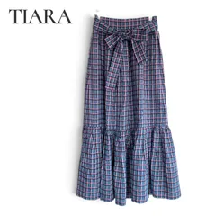 TIARA ティアラ チェック柄 ティアード ロングスカート フレア リボンベルト レーヨン100% くすみブルー くすみピンク 3 Lサイズ相当 レディース エレガント 1246KZのサムネイル