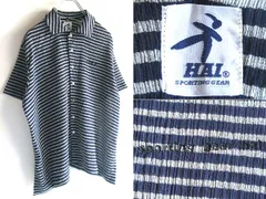 希少 ビンテージ ISSEY MIYAKE イッセイミヤケ HAI SPORTING GEAR ロゴ刺繍 ストレッチ 楊柳 ボーダー シャツ M ネイビー グレー プリーツのサムネイル