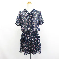 コルザ COLZA チュニック ワンピース 半袖 ボウタイ 花柄 シアー ウエストマーク M ネイビー ※EKMのサムネイル