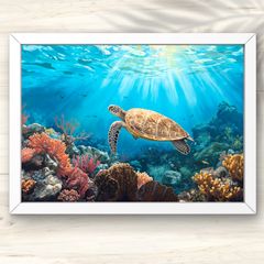A4 やわらかな光とウミガメが泳ぐ珊瑚の海中風景画アート ウォール