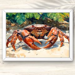 A4 南国の砂浜を歩くリアルなカニの水彩風アート インテリアアート