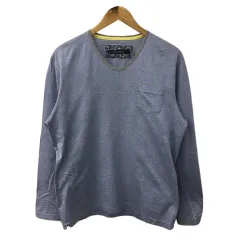 インターメッツォ INTERMEZZO Tシャツ カットソー ロンT Vネック プルオーバー ボーダー 長袖 LL 水色 ライトブルー グレーのサムネイル