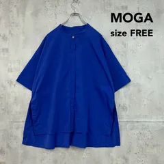 MOGA モガ F ブルー スタンドカラー シャツ ブラウス チュニック 半袖 五分袖 バンドカラー 比翼 ボタン コットン 綿 レイヤード風 サイドスリット オーバーサイズ ゆったり ビッグシルエット エレガント 上品 定番 人気 ★ ■◆のサムネイル