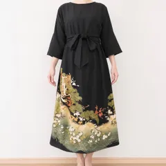 一点物 着物リメイク ロングワンピース ドレス 黒留袖 正絹 作家物 松寿のサムネイル