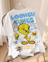 LOONEY TUNES TWEETY　トゥイーティー　Tシャツ　ホワイト　白　ルーニーテューンズ　半袖　クールネック　プリントTシャツ　練習着　ダンスレッスン着　ルームウェア　部屋着　ジム着　パジャマ　可愛い　アメコミ　キャラクター　レトロ　海外製品のサムネイル