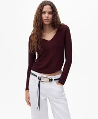 マンゴ レディース アウター ニット・セーター Vネック セーター MANGO Womens VNeck Lurex Sweater Wine ワインのサムネイル