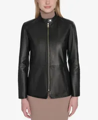 コールハーン レディース アウター ジャケット・ブルゾン レザー ジャケット Cole Haan Womens Hand Stitched Detail Stand Collar Leather Jaのサムネイル