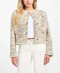 ゲス レディース アウター ジャケット・ブルゾン ツイード GUESS Womens Long Sleeves Tweed Jacket Foamy Taupe Multi トープのサムネイル